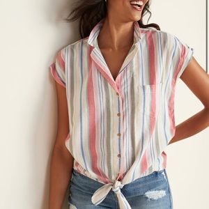 NWT Old Navy Multi-Stripe Notched-Collar Tie-Hem Shirt for Women - small